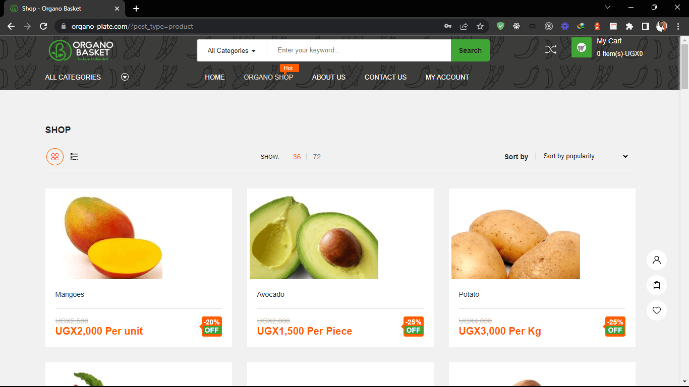 Online e-commerce store for organic products