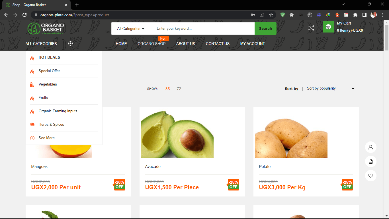 Online e-commerce store for organic products